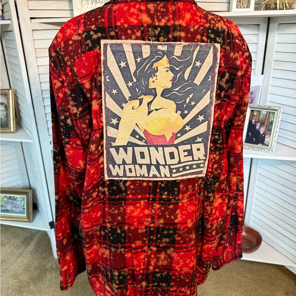 Angry Minnow Vintage bleached Red Plaid Wonder Woman patch Button-down shirt